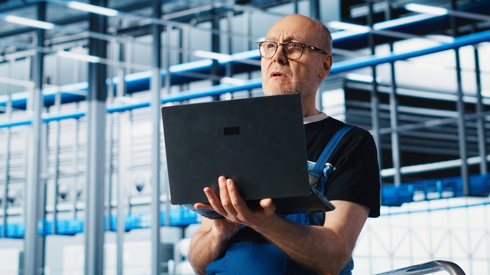 Elderly engineer uses laptop in smart factory to test automated systems, ensuring reliability. Experienced technician uses notebook to identify bottlenecks and optimize equipment, camera A